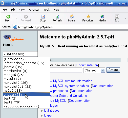 Hình 4: Quản lý CSDL bằng PHPMyAdmin trên localhost.